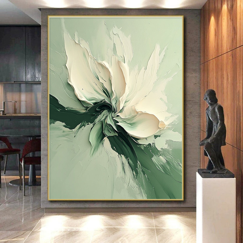 Green and White Abstract Painting with Textured Flower GER569