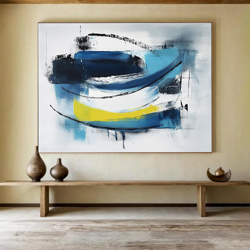 Abstract painting featuring blue black and white minimalist brush strokes on light gray with thick lines simple shapes and yellow accents.SC033