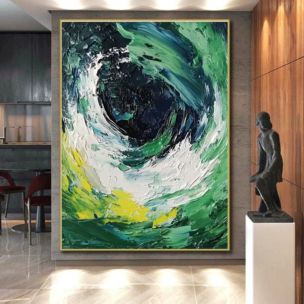 Green Blue and White Swirl Abstract Painting with Dynamic Textures GER070