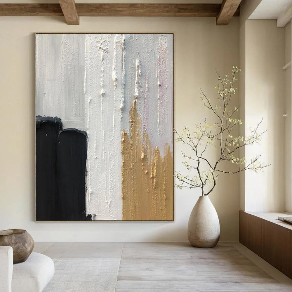 Black, White, and Gold Textured Abstract Painting with Elegant Accents ADGE397