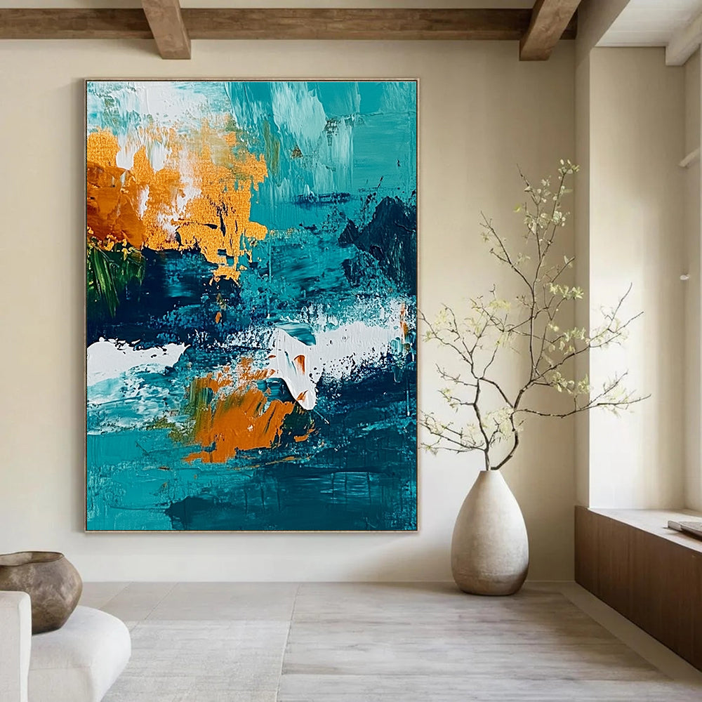 Large abstract painting of the ocean featuring a vibrant teal and amber color scheme with textured brush strokes.STSC705