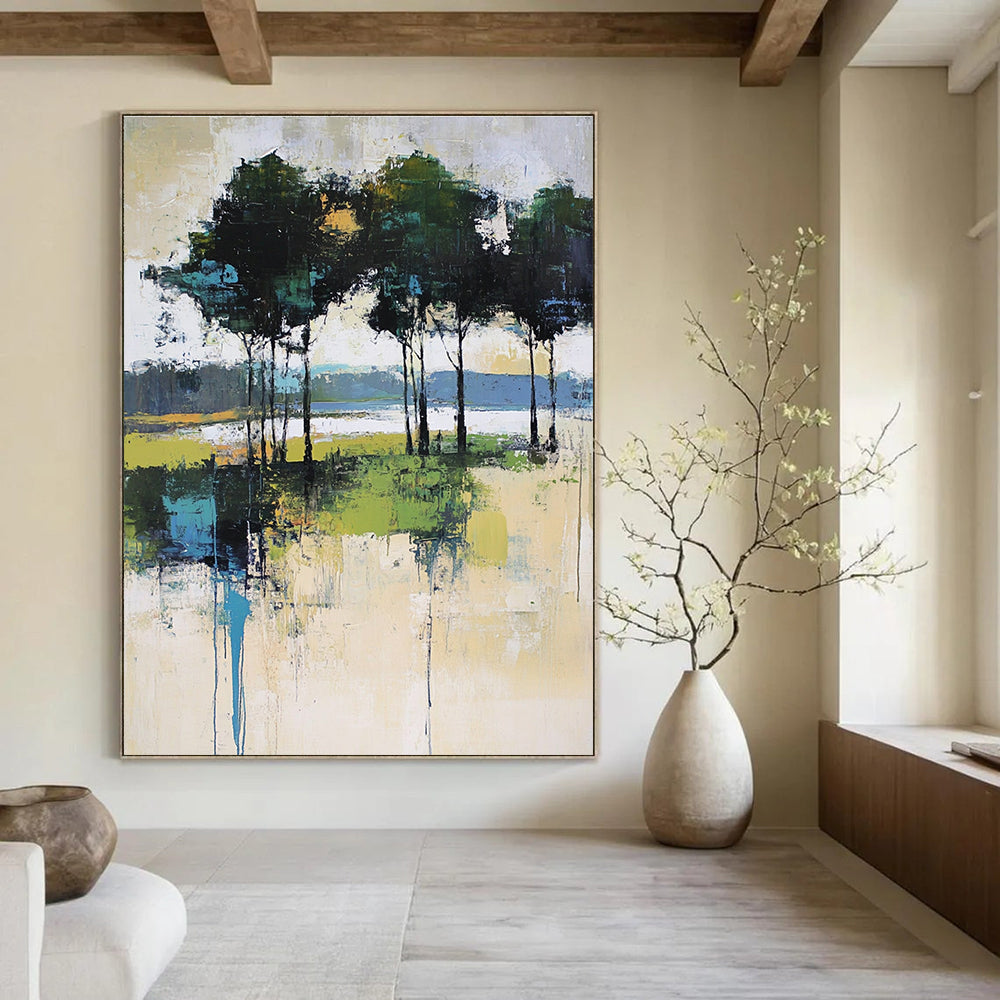 Large abstract painting featuring expressive brush strokes with trees and a lake in soft pale green and beige tones.STSC118