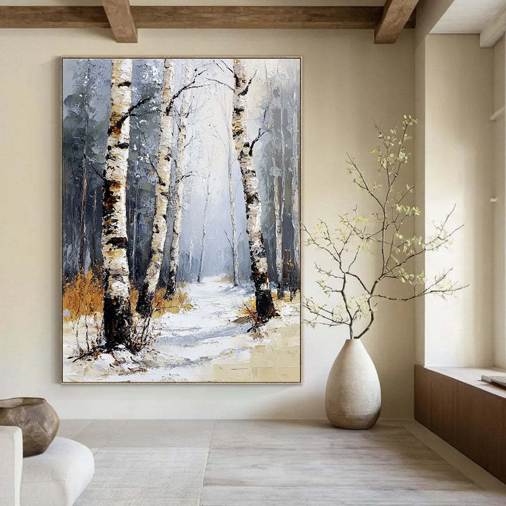 Abstract painting featuring a winter birch forest with soft tones light colors and warm sunshine illuminating the scene among the snowflakes and distant pines.STSC1271