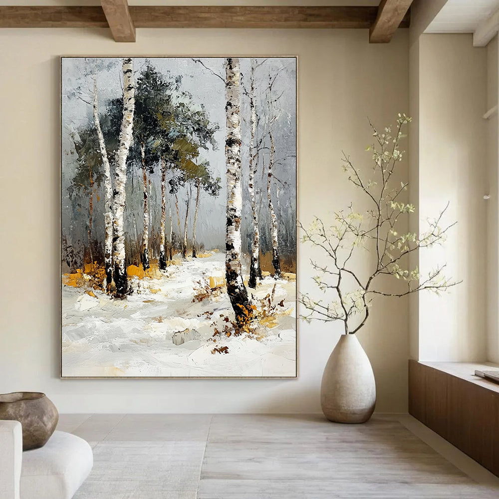 Abstract oil painting of a birch forest in winter featuring thick impasto strokes with snow-dusted birches and pines under a grey sky.STSC1382