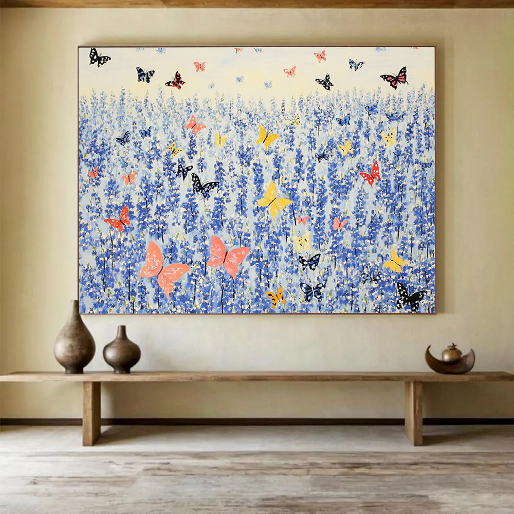 An abstract painting of bluebells surrounded by colorful butterflies in the vibrant style of Henri Matisse.SC463