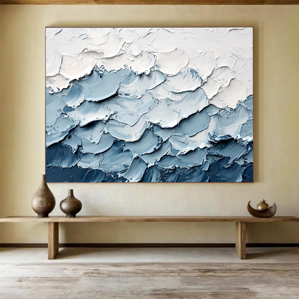 Textured Blue Waves Abstract Painting with Thick Brushstrokes DYP364