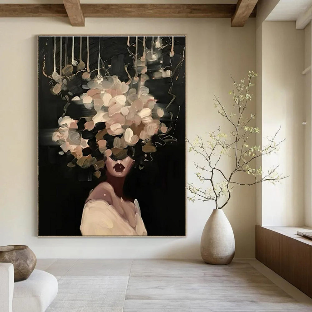 Blush Flower Head Woman Abstract Painting on Dark Background ADGE326