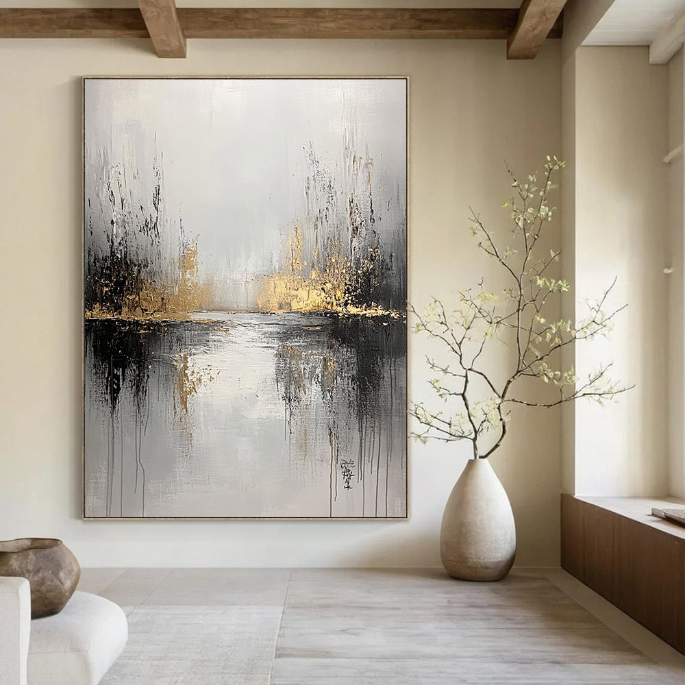 Large abstract painting featuring a gray and white background with gold accents and soft edges evoking tranquility and solitude through layers and distant foliage.STSC396