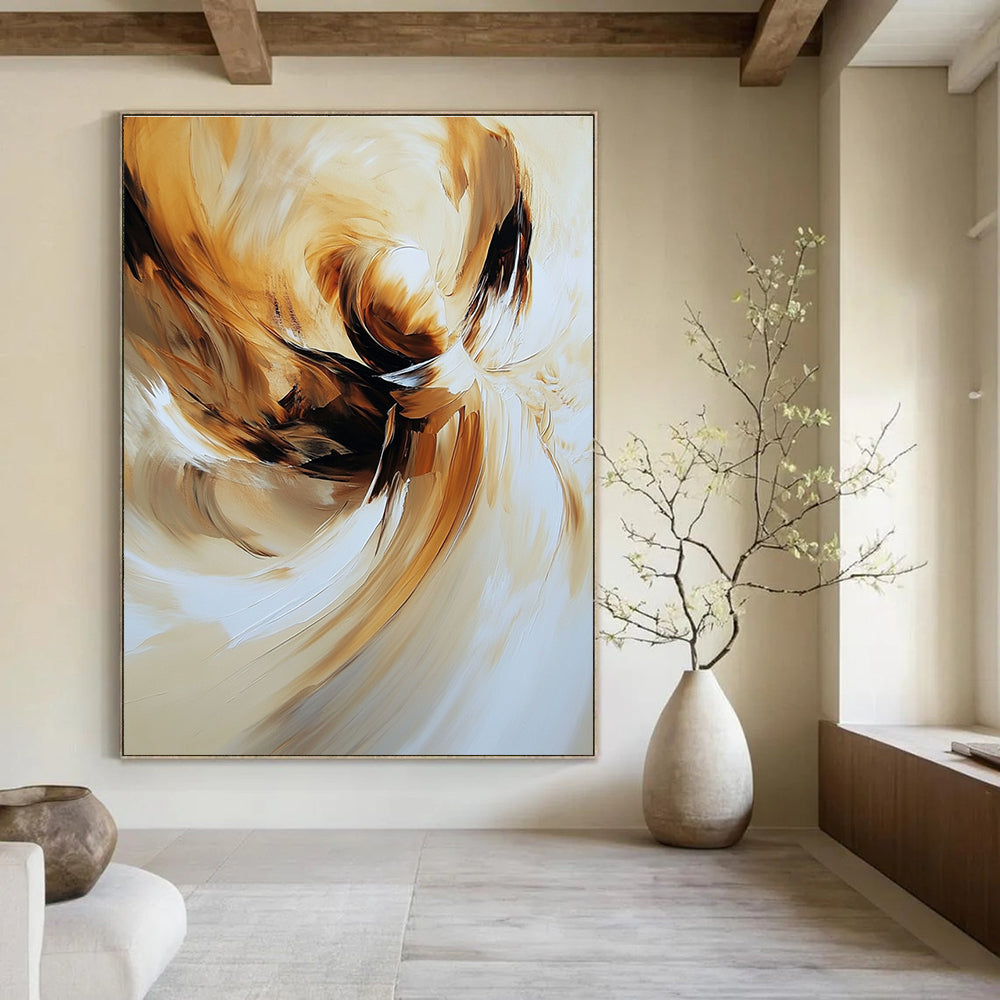 Large abstract painting of an angel featuring swirling brush strokes in warm beige and brown tones for a captivating aesthetic.STSC634