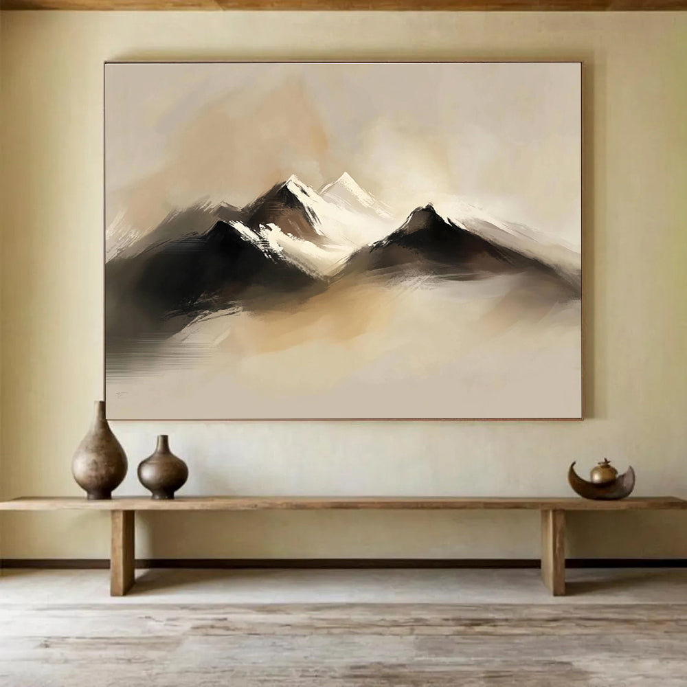 Abstract digital painting of serene snow-capped mountains featuring soft brush strokes and muted colors enveloped in mist.SC301