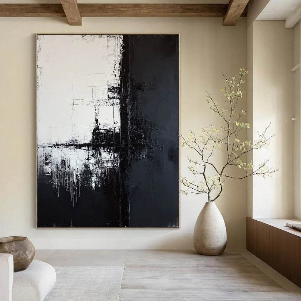 Large abstract painting featuring a tall black telephone pole against a dark gray and white background with textured brushstrokes and a minimalist composition.STSC372