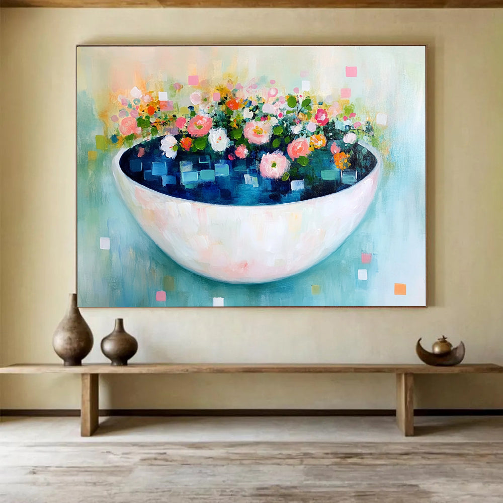 A large abstract painting featuring a bowl of blue water with flowers and leaves, adorned with pastel colors and delicate brush strokes for a whimsical touch.SC343