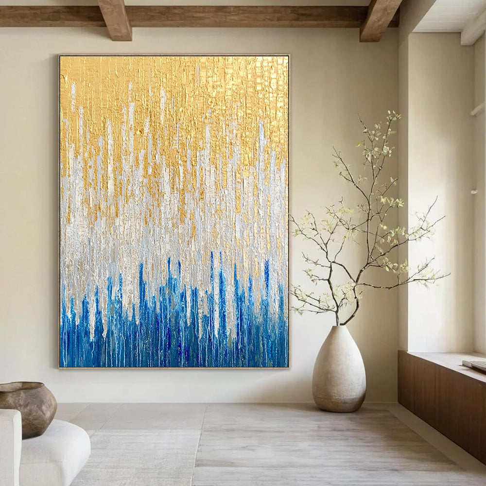 Large abstract oil painting featuring golden blue and white vertical lines against a textured neutral background.STSC163