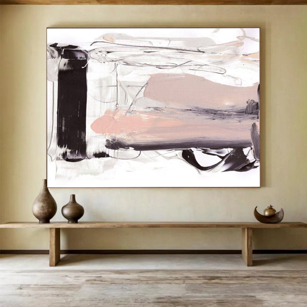 Neutral Tone Abstract Painting with Black, White, and Beige THY143