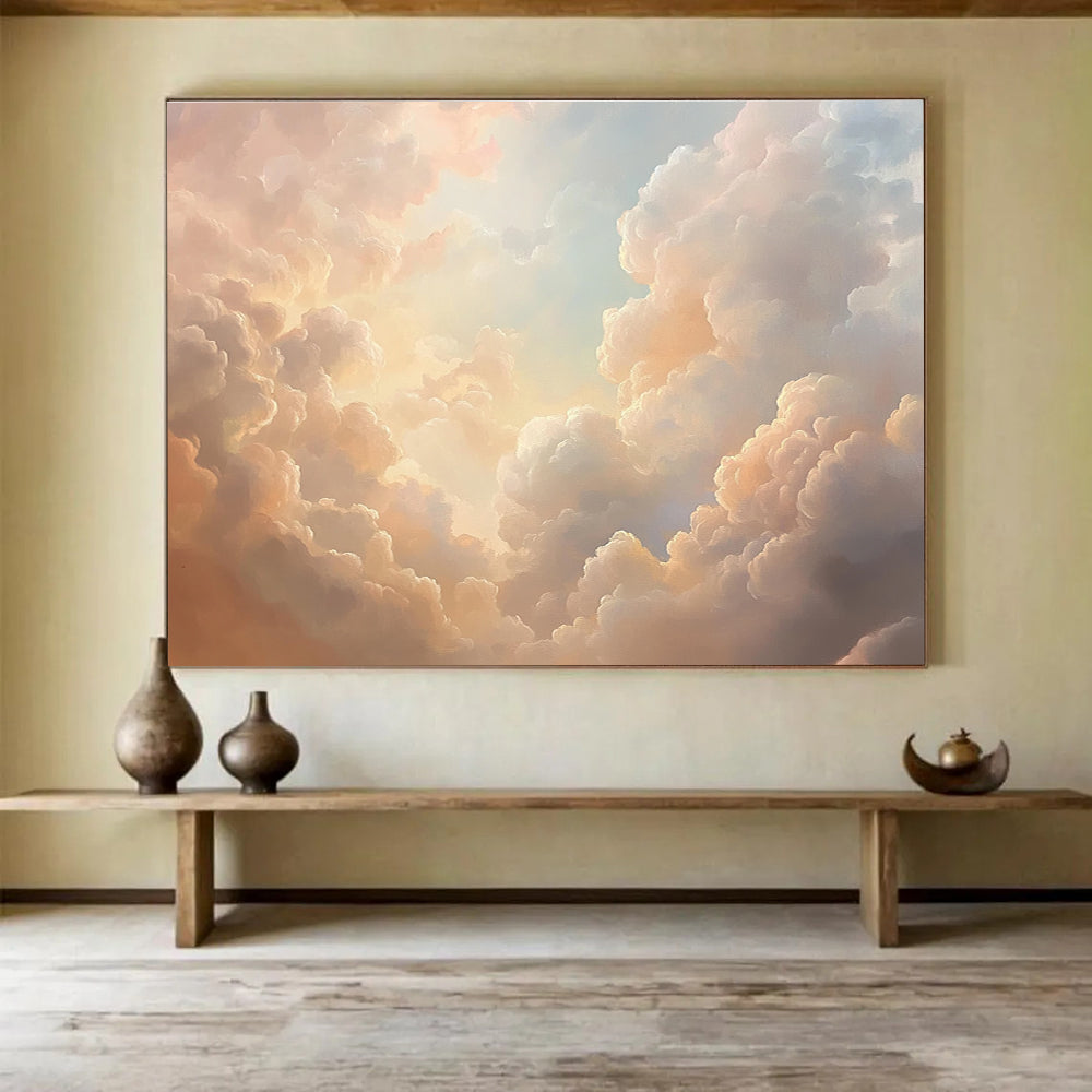 A stunning abstract oil painting featuring beautiful clouds in pink and peach tones, creating an ethereal atmosphere with soft light.SC406