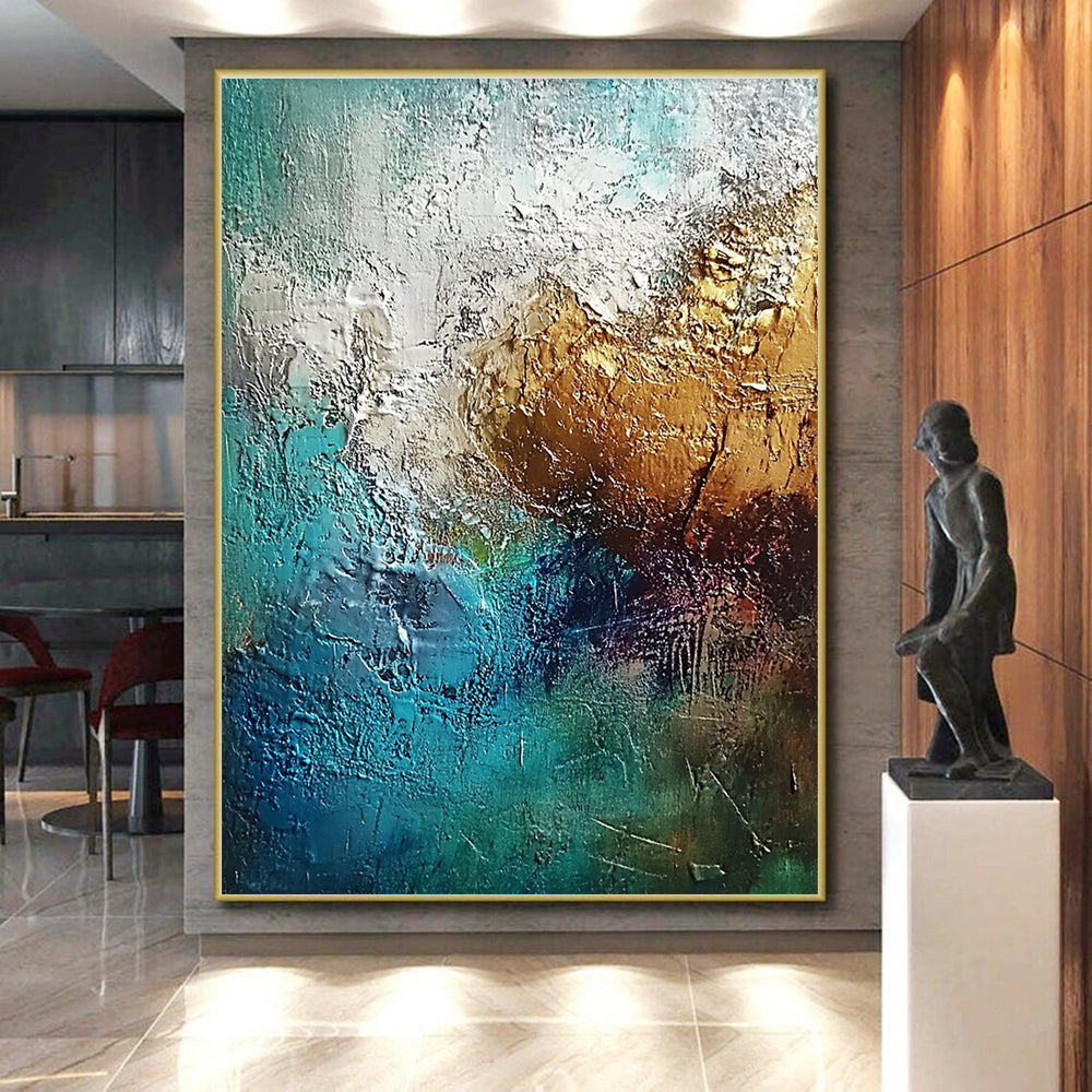 Teal Gold Abstract Painting with Thick Textures GER785