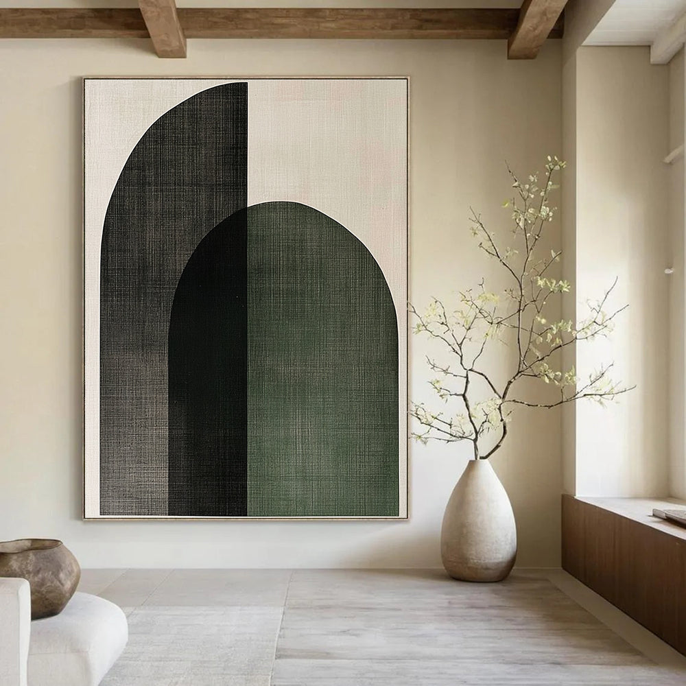 Large Abstract Artwork Featuring Sage Green and Charcoal Gray Arches on Light Beige Canvas Reflecting Scandinavian Minimalism.STSC1074