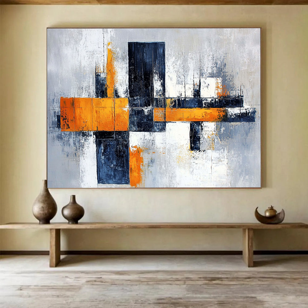 Gray Orange and Black Geometric Abstract Painting with Dynamic Composition DYP259