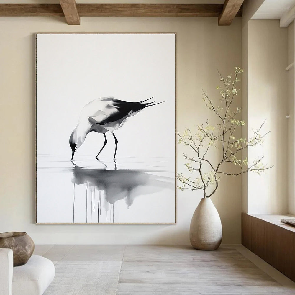 Large abstract ink painting featuring a graceful bird walking on water in a minimalist style with elegant movements and delicate brushstrokes on a pure white background.STSC907