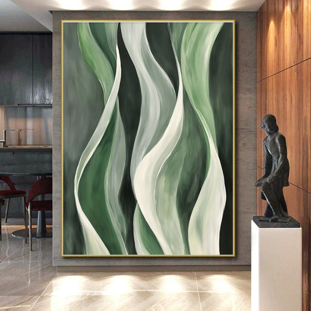 Green and White Wavy Abstract Painting on Dark Green GER241
