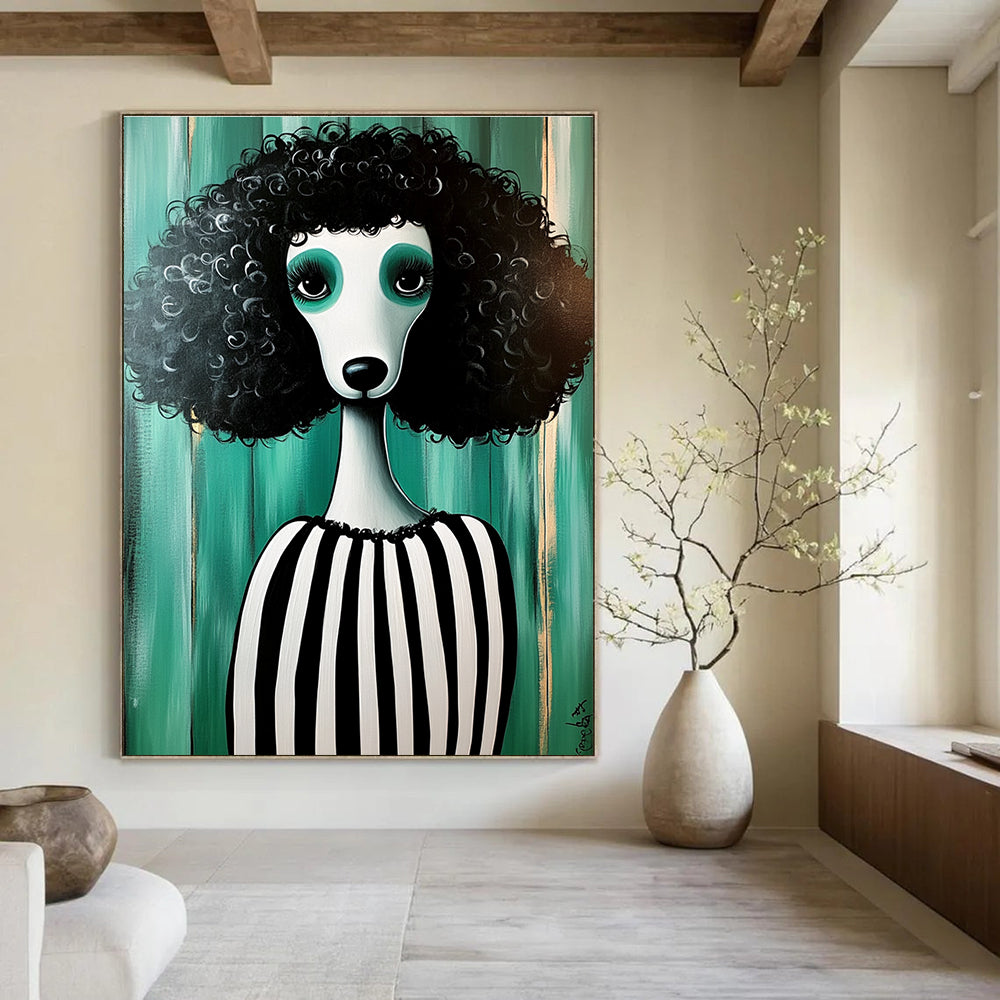 A large abstract painting featuring a full-bodied poodle with black fur and white stripes in an all-green striped dress amidst a whimsical backdrop.STSC1000