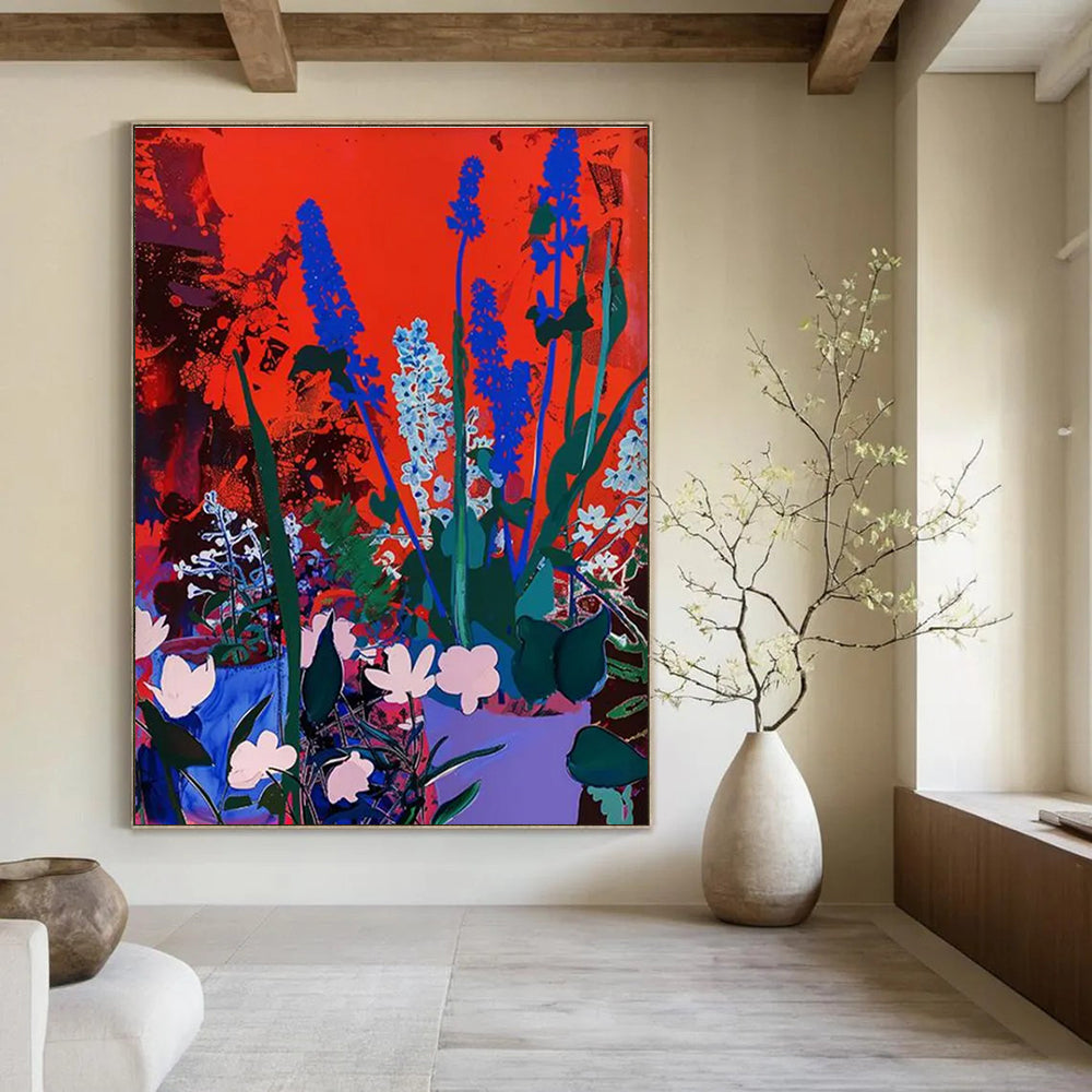 Blue Flowers on Red Background Abstract Painting ADGE100