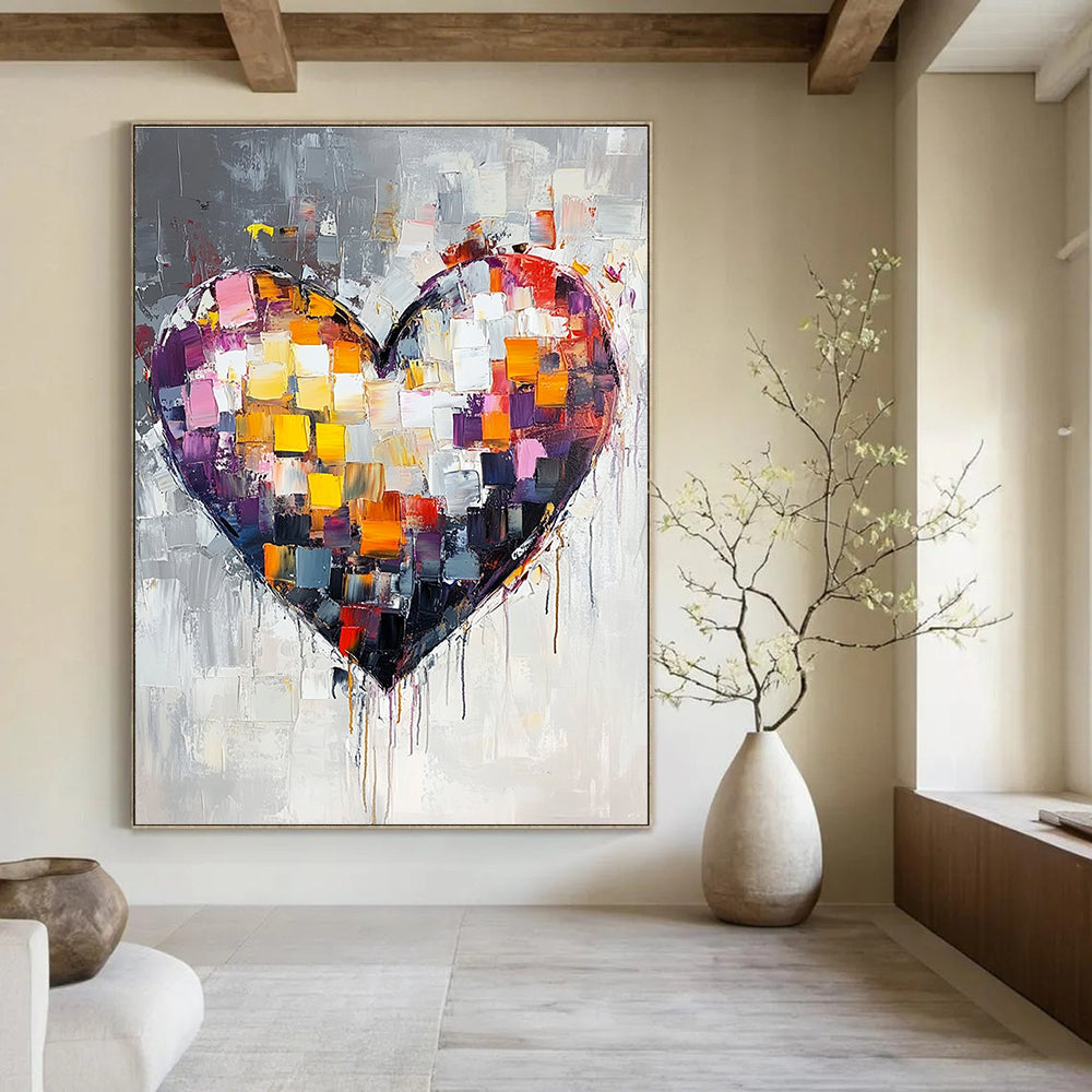 Large abstract heart painting with vibrant colors and thick brush strokes on a white background featuring paint drips and a predominantly gray palette.STSC071