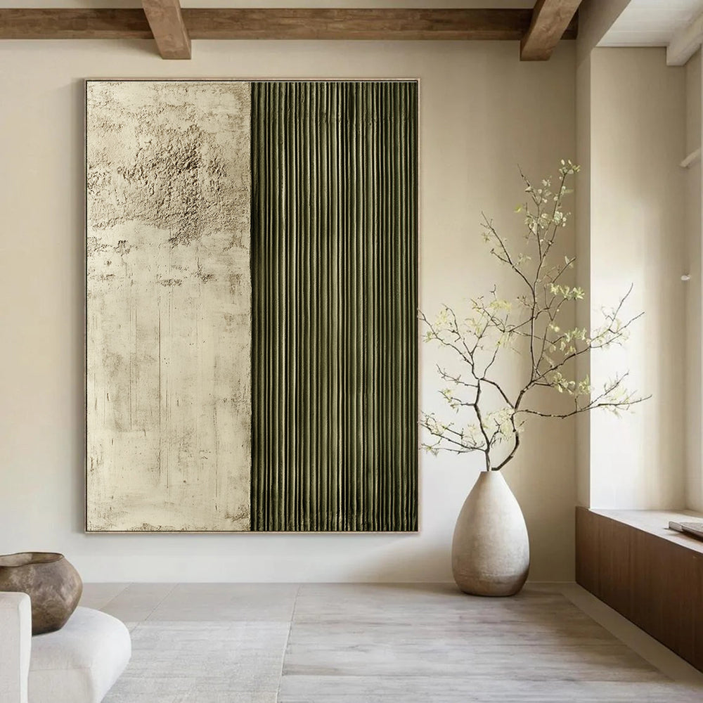 Large abstract painting featuring textured panels with soft concrete and greenish-grey rebar lines creating a striking contrast and depth.STSC542