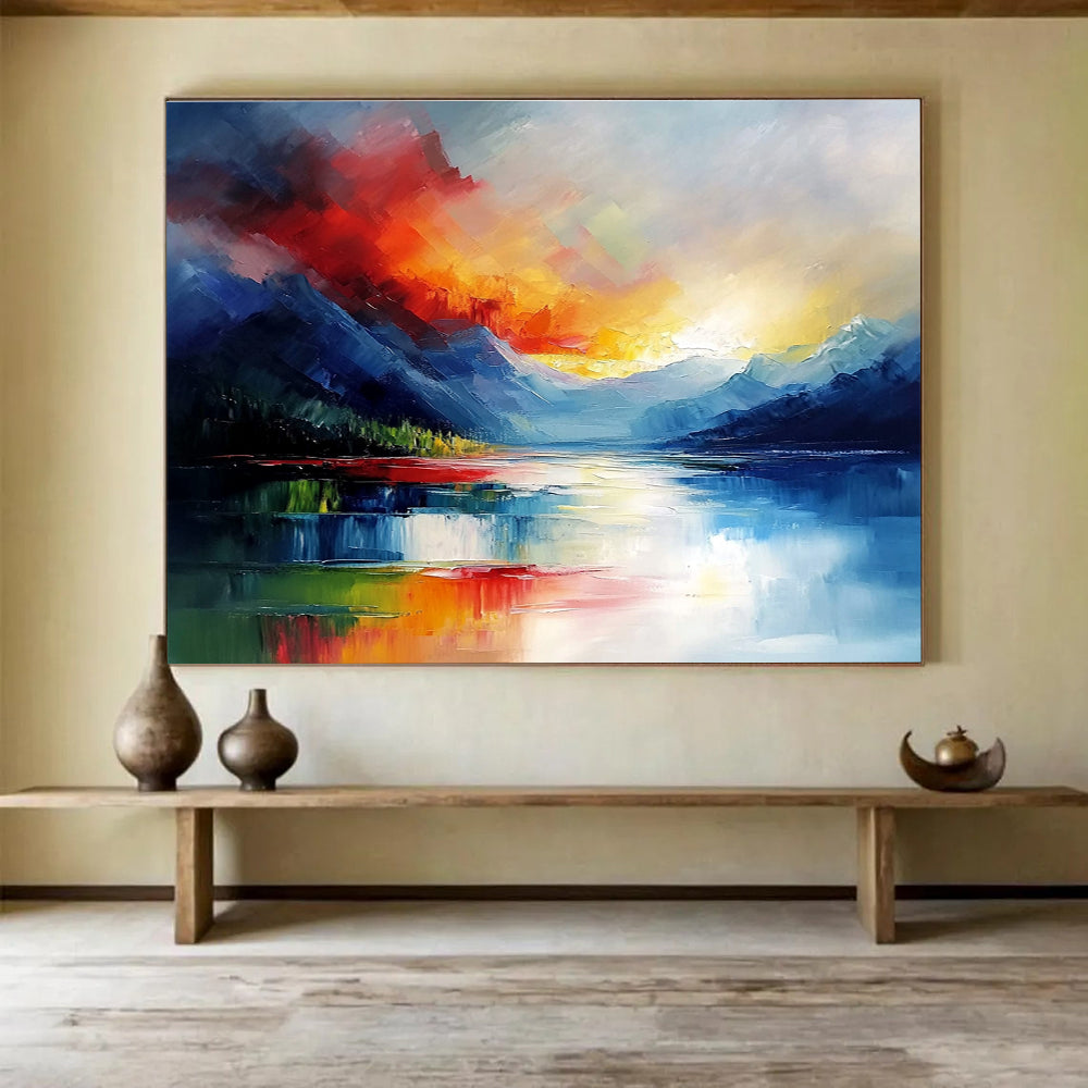 Dynamic Mountain Sunset Abstract Painting with Bright Reds Yellows and Blues DYP237