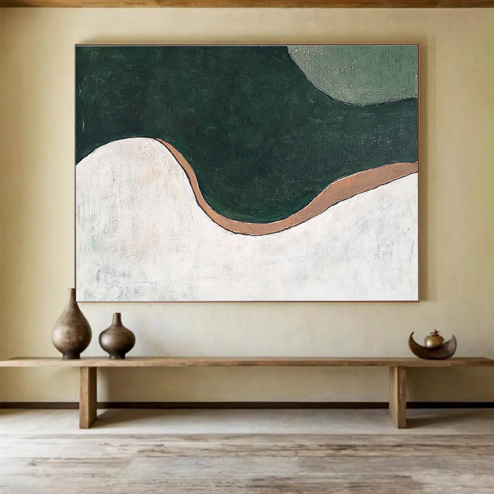 A large abstract painting featuring organic green and white curves, brown accents, resembling a river from an aerial view. Minimalistic design.SC532