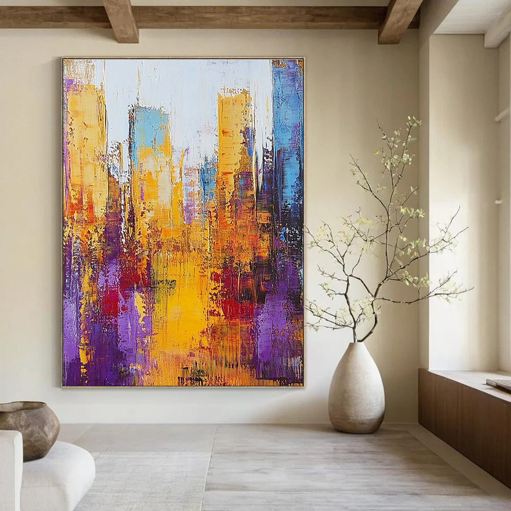 Large abstract painting of a cityscape with thick brush strokes in gold and purple on a textured canvas.STSC161