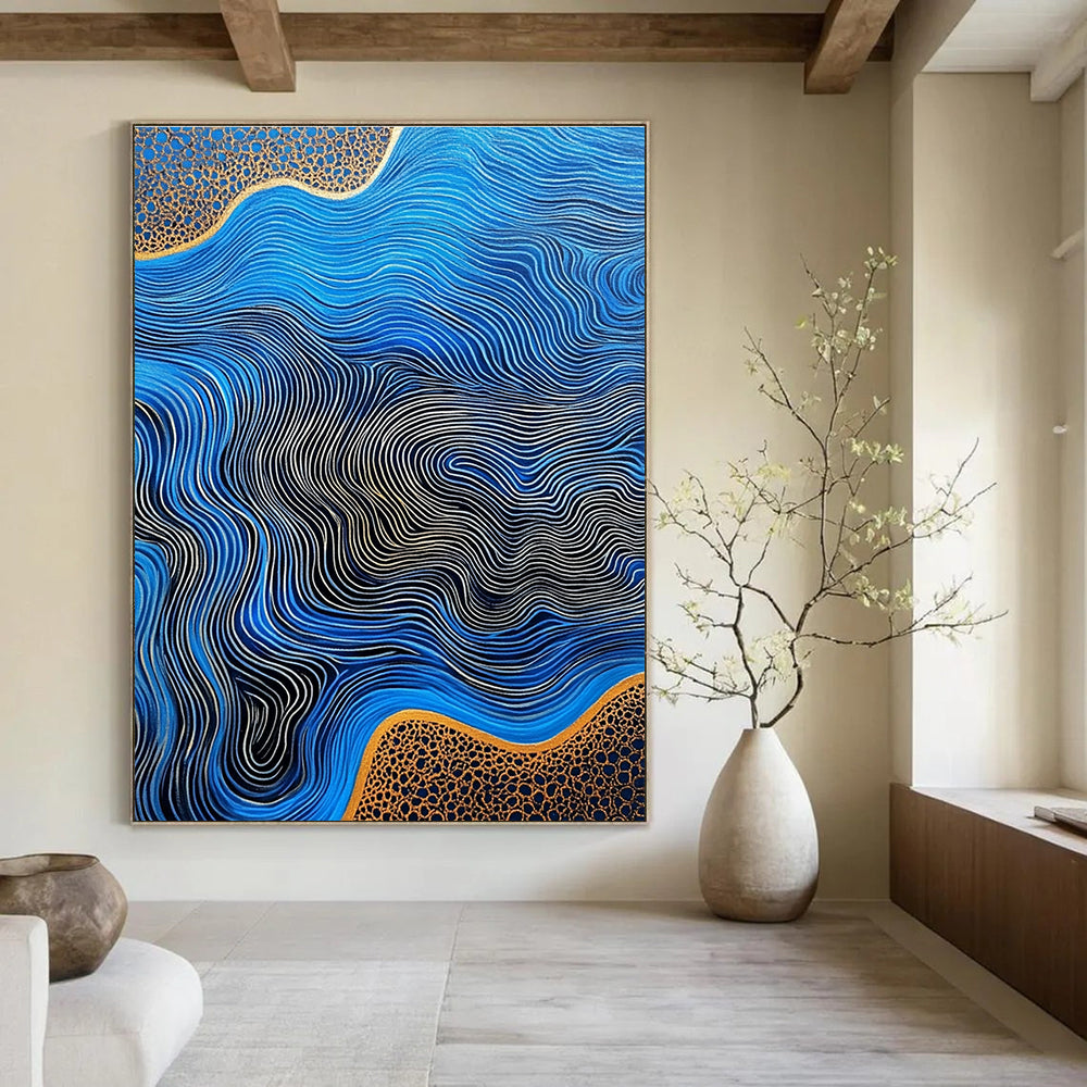 Large abstract artwork featuring flowing river patterns on blue agate with gold lines and a striking high contrast color palette.STSC957