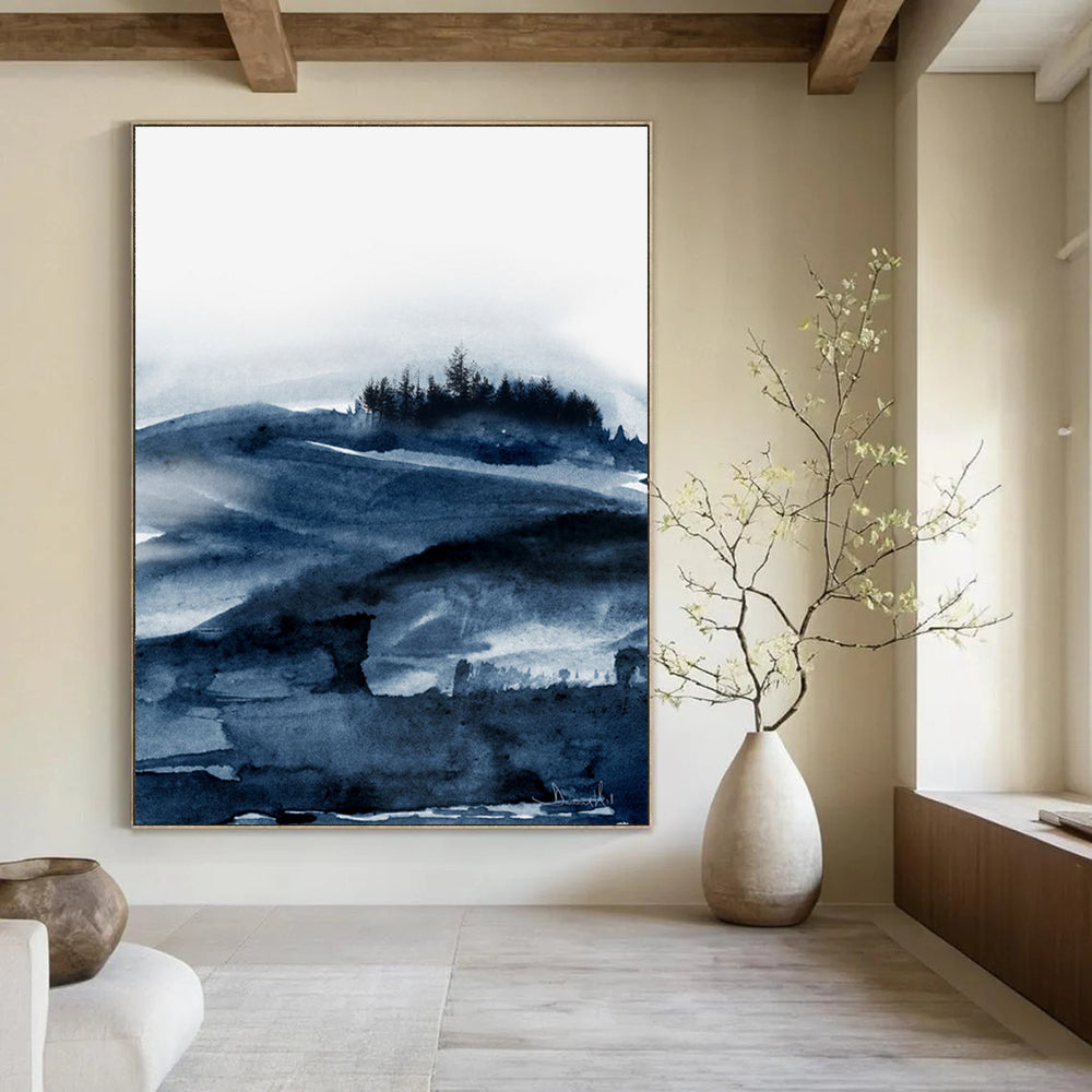 Blue Ink Mountain Landscape Abstract Painting ADGE230