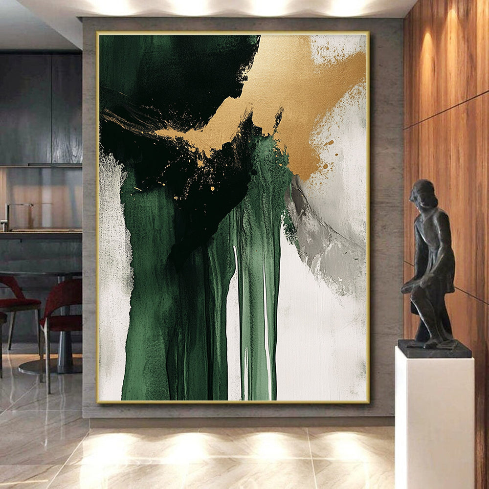 Green Gold Gray and White Abstract Painting with Dramatic Drips GER634