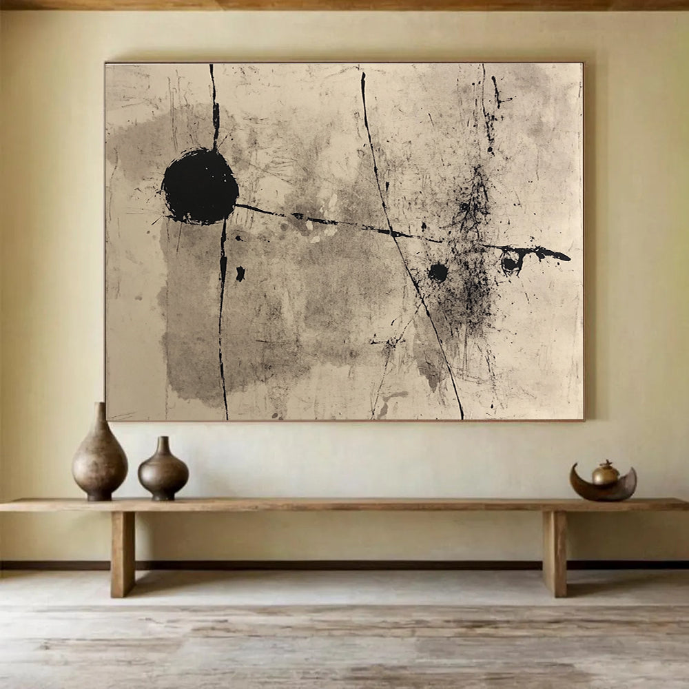 Large abstract painting with black ink, lines and shapes inspired by John Rolf Bauer, featuring neutral tones on paper.SC093