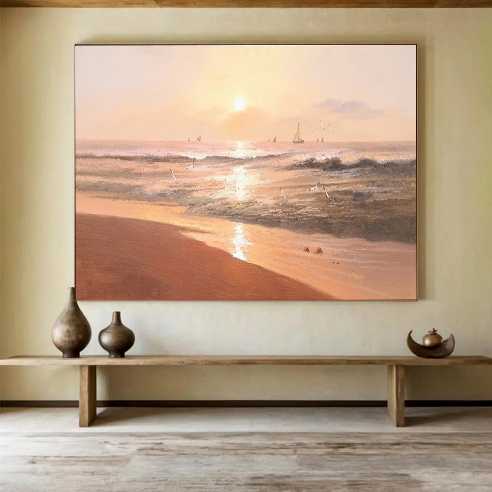 Warm Seaside Sunset Abstract Painting with Golden Hues THY266