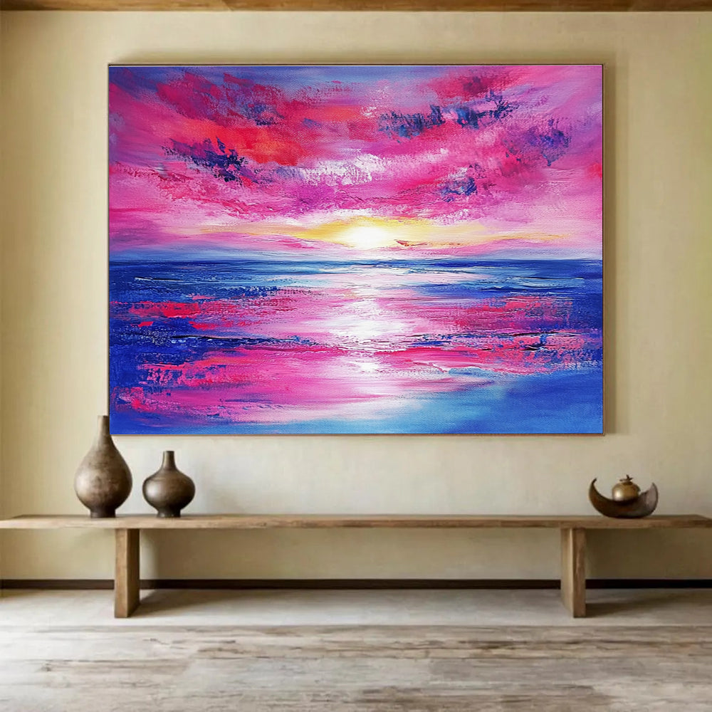 Pink Sky and Sea Abstract Painting with Vivid Sunset Colors DYP128