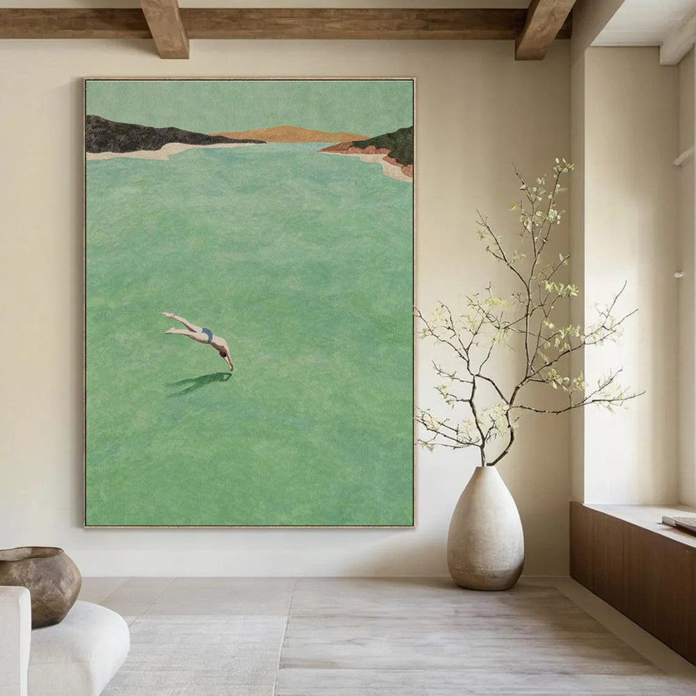 Figure Diving into Green Water Abstract Painting ADGE304