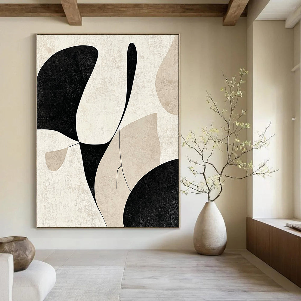 Abstract painting featuring black and beige soft lines and gentle curves creating an elegant minimalist design that highlights simplicity and form.STSC471