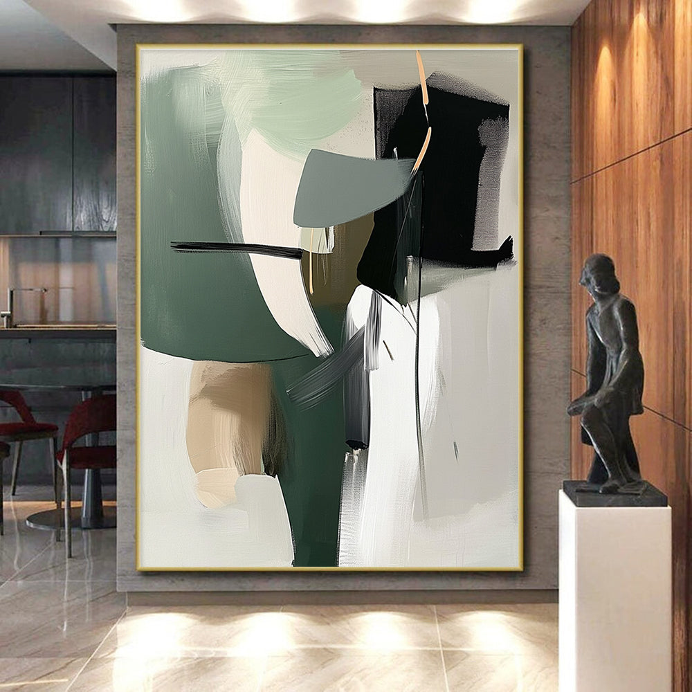 Green Gray Abstract Painting with Dynamic Shapes GER812