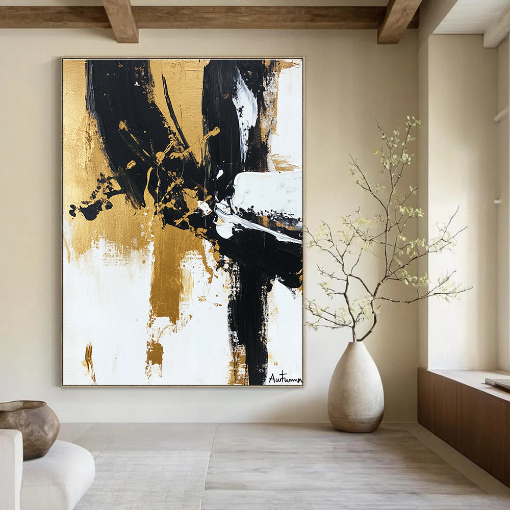 Large abstract painting of Autumn in black white and gold featuring loose brushstrokes and textured layers for elegant depth and simplicity.STSC1066