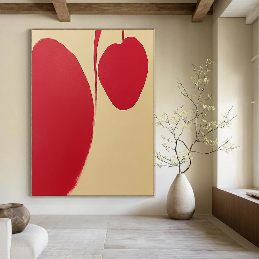 Abstract painting featuring red and cream-white background with two minimalist apple petal shapes and clean lines without shadows.STSC1105