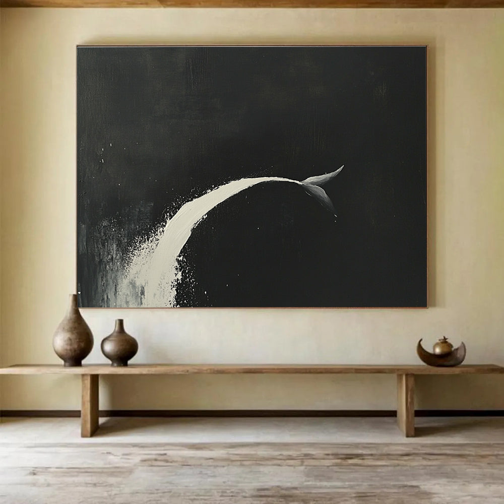 Minimalist Whale Tail Abstract Painting with Black and White Tones DYP345