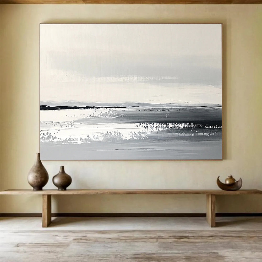 Monochrome Landscape Abstract Painting with Gray and White Tones DYP330