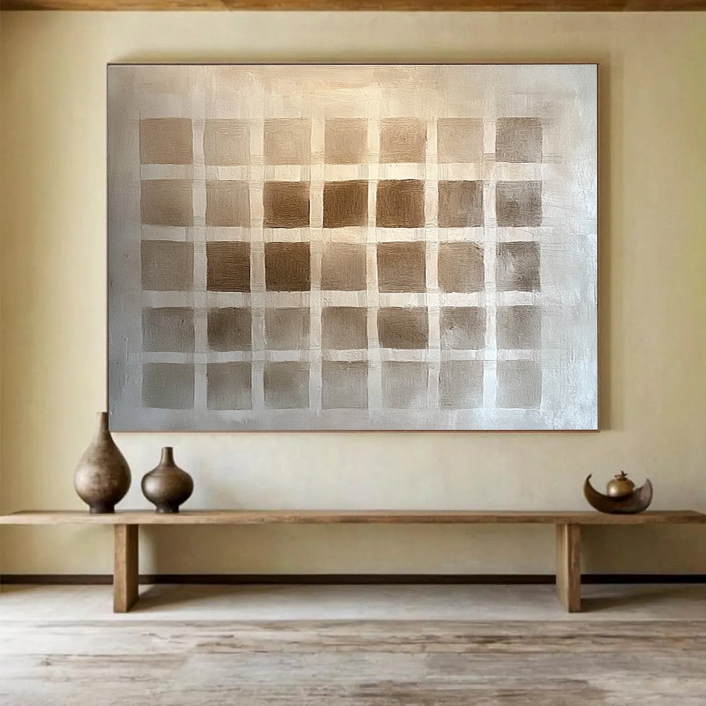 Large abstract painting featuring a symmetrical grid in brown shades, resembling woven fabric, with subtle shading for depth and texture.SC530