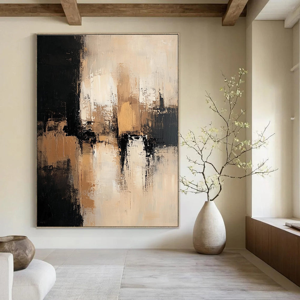 Large abstract painting featuring neutral tones with black beige and white depicting an urban landscape with dark brown and gold accents.STSC775