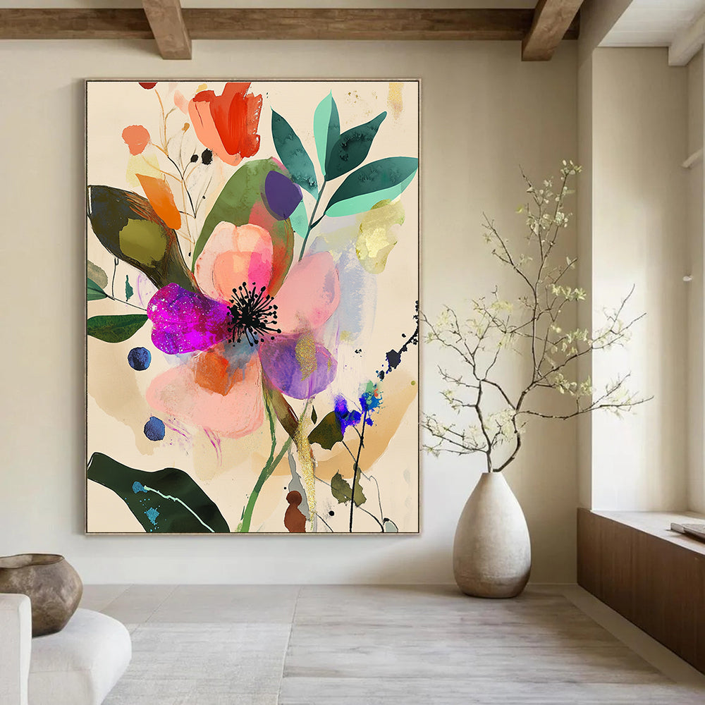 Large abstract watercolor painting featuring iridescent pink flower surrounded by floral patterns in pastel colors with organic shapes and black ink details.STSC1045