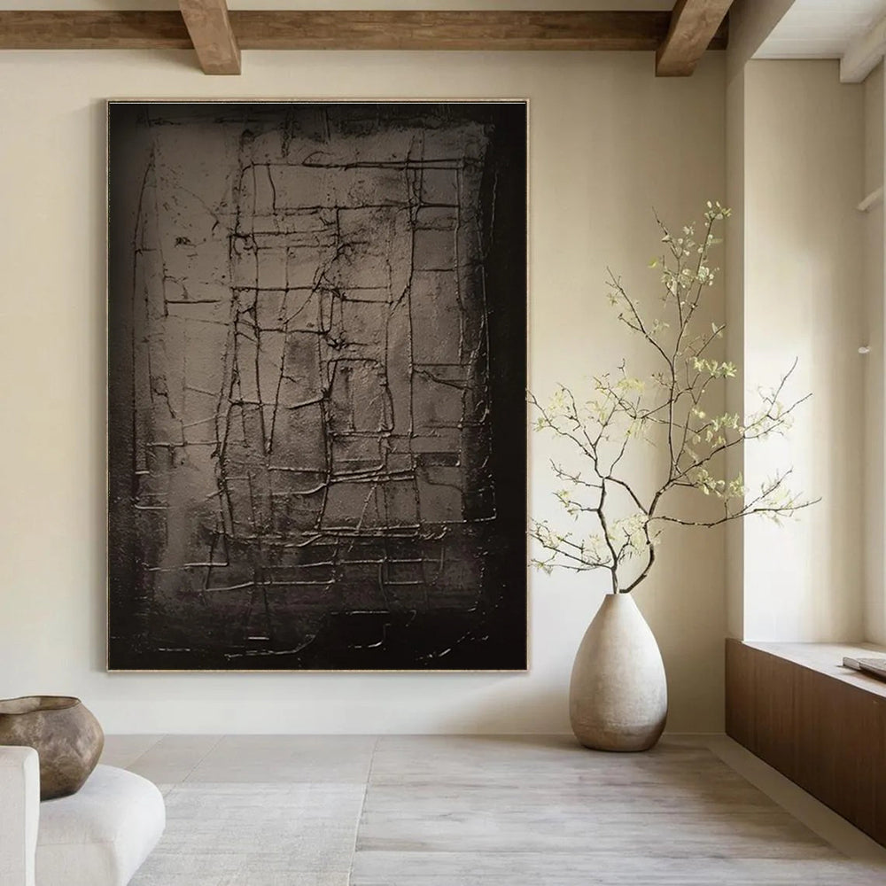 Dark Grid - Textured Abstract Painting with Subtle Tones ADGE450