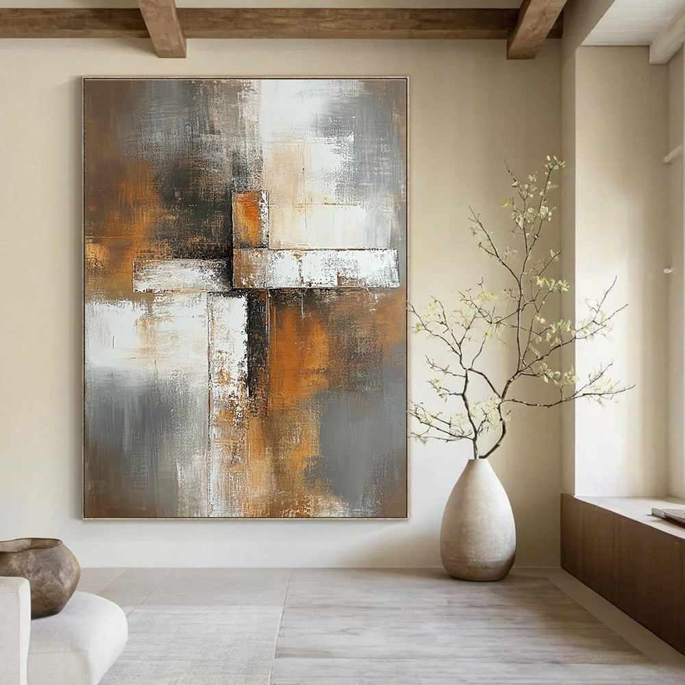 Abstrakt painting featuring soft gray brown and white tones with a blurred background and an elegant square cross in the foreground.STSC811