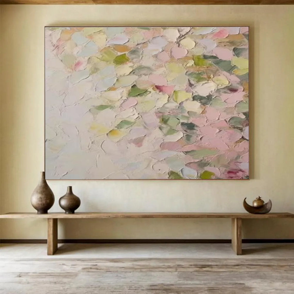 Pastel Petal Abstract Painting with Pink, Green, and Yellow Tones THY177